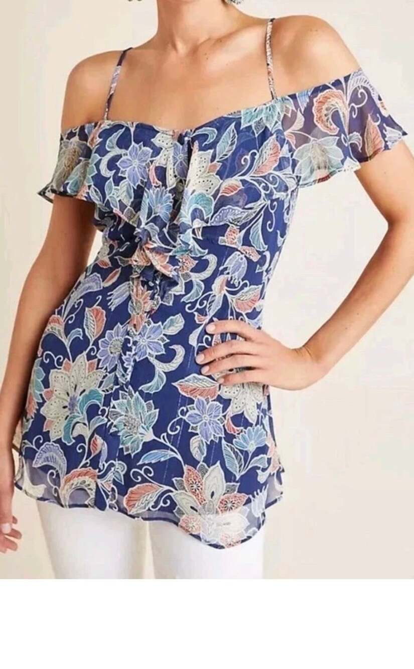 Anthropologie Maeve Mariposa Open Shoulder Ruffled Blouse Top Chiffon Sz 10 NWT